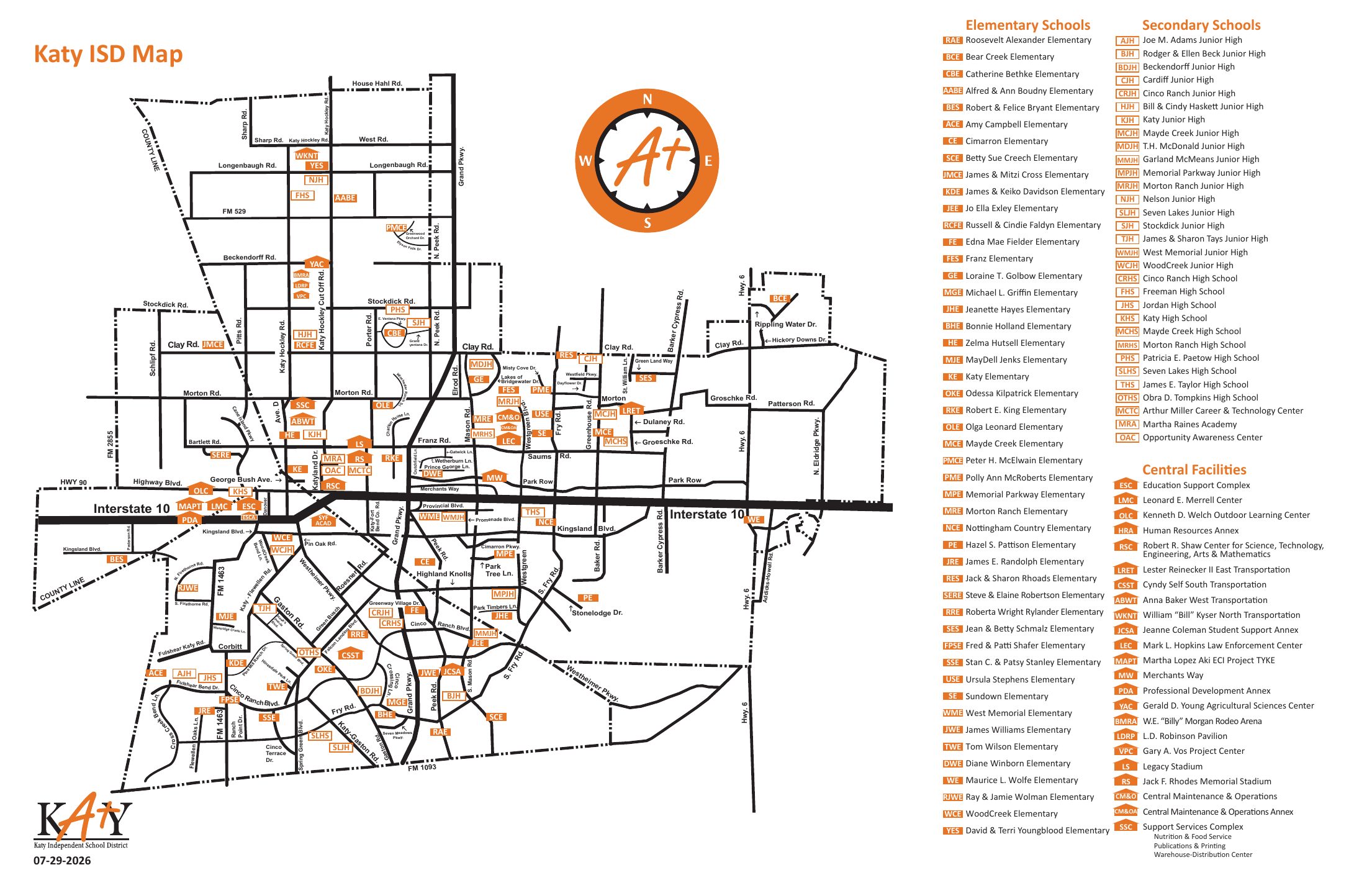 Official Katy ISD district map showing the district boundary, major roads including Interstate 10, Grand Parkway, and Westheimer Parkway, and the locations of every elementary, junior high, high school, and central facility.